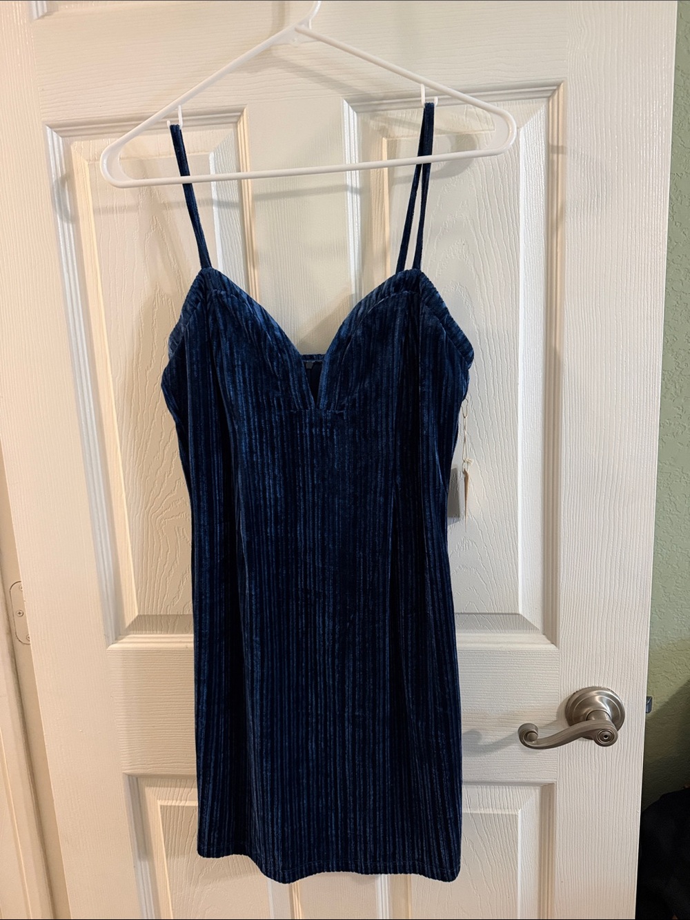 Forever 21 Navy Velvet Ribbed Spaghetti-Strap Mini Dress